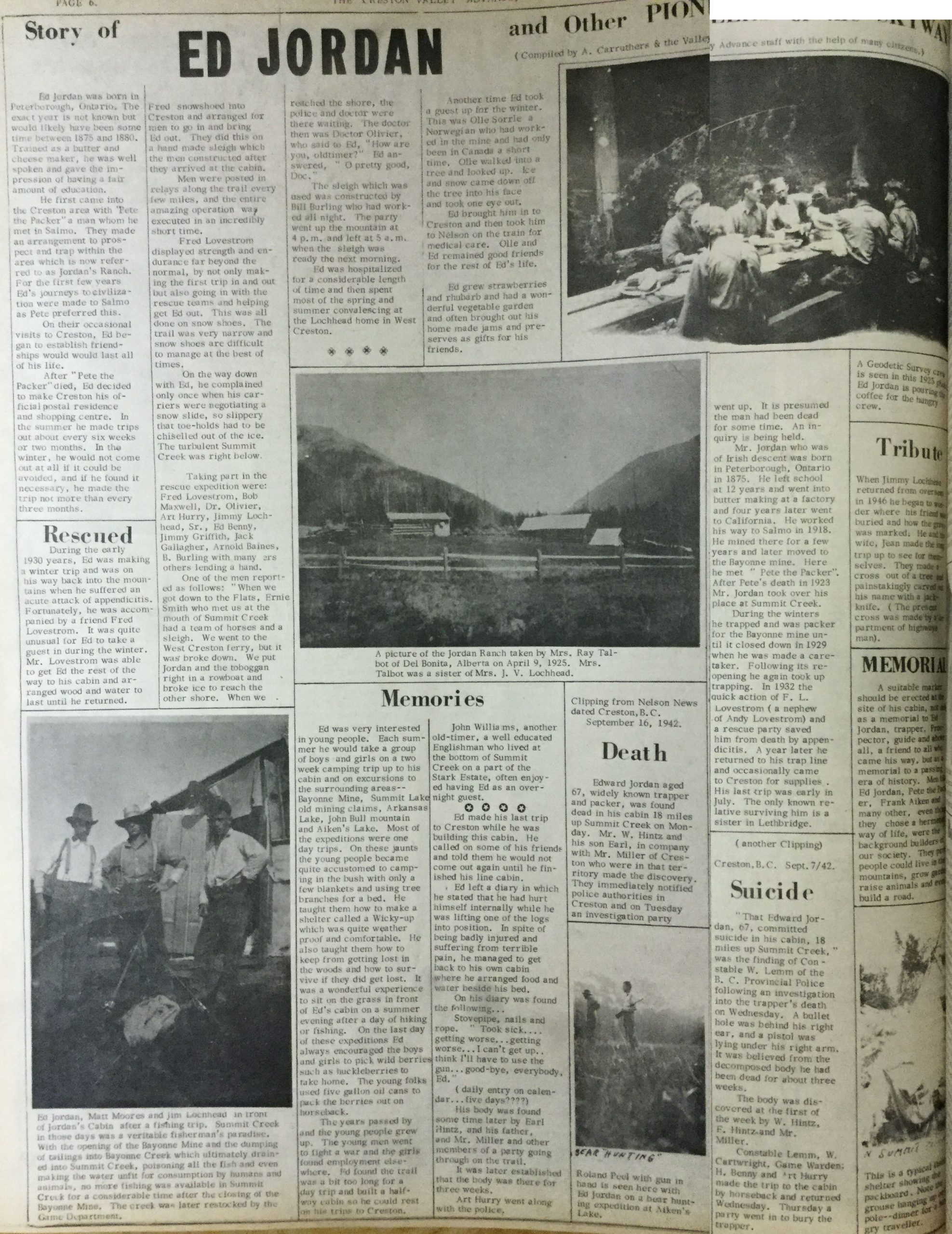 "Ed Jordan and other Pioneers of the Skyway" Creston Valley Advance, 13 August 1964